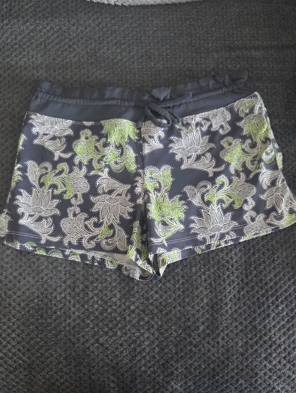 Athleta Black Paisley Swim Shorts with Green Accents